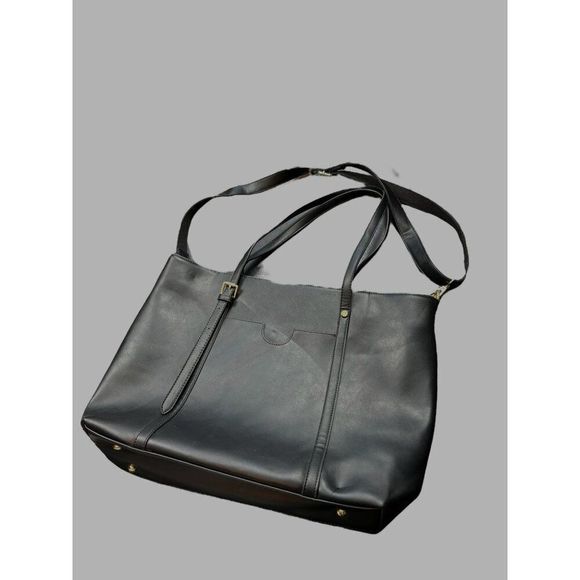 Women's Black Faux Leather Tote Bag With Multiple Compartments & Adjustable Stra - Picture 1 of 11